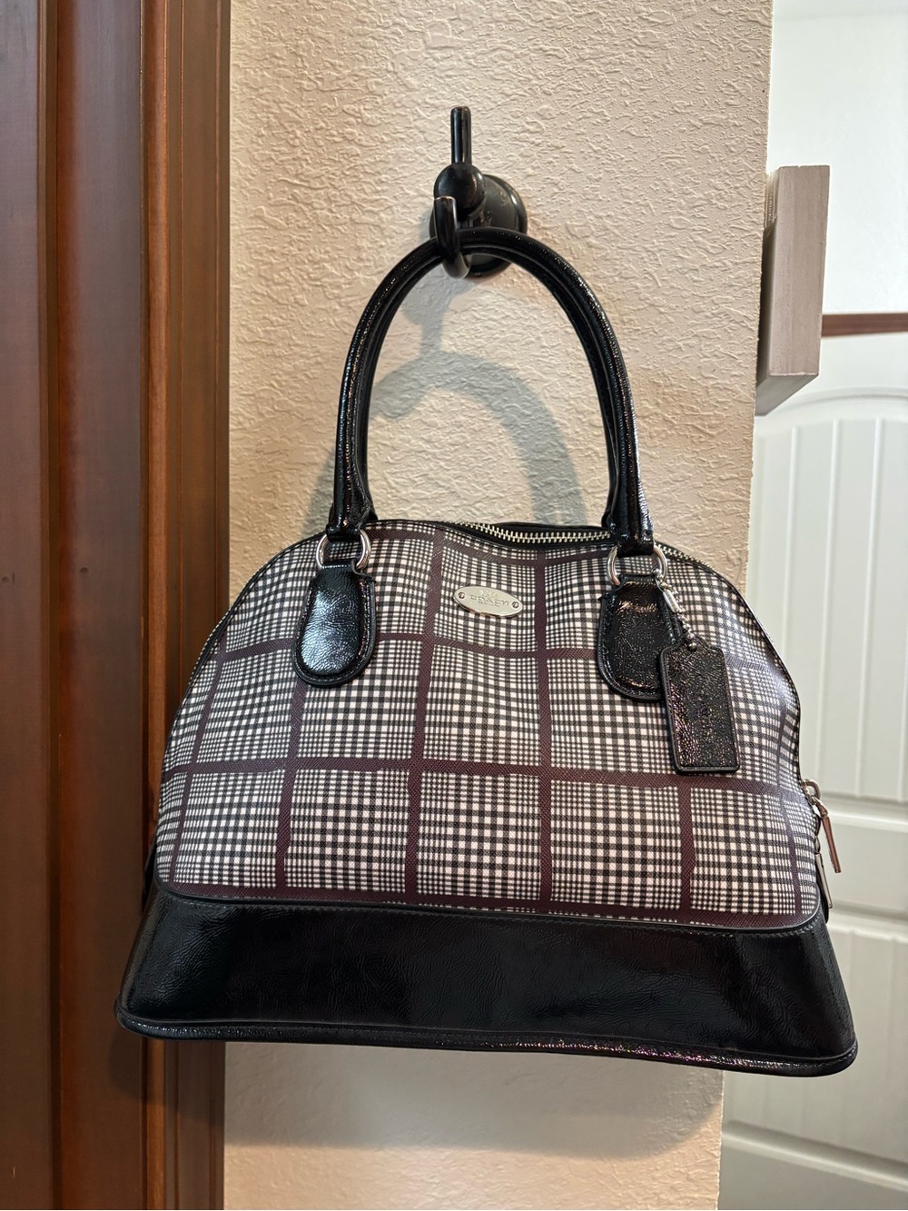 Coach Black & White Plaid Dome Satchel with Black Trim